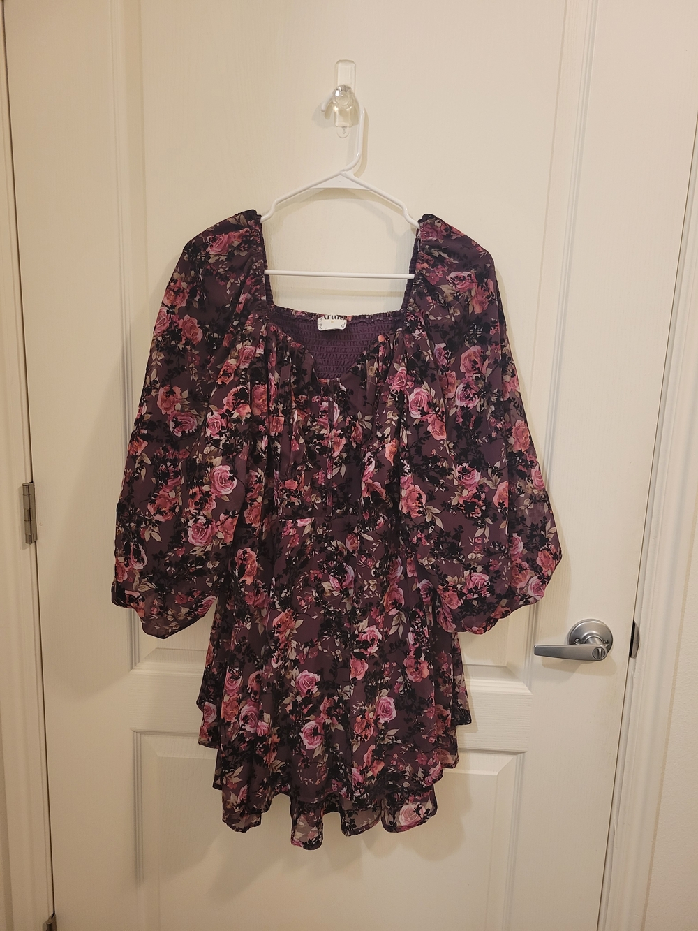 ARULA Plum Floral Puff-Sleeve Mini Dress